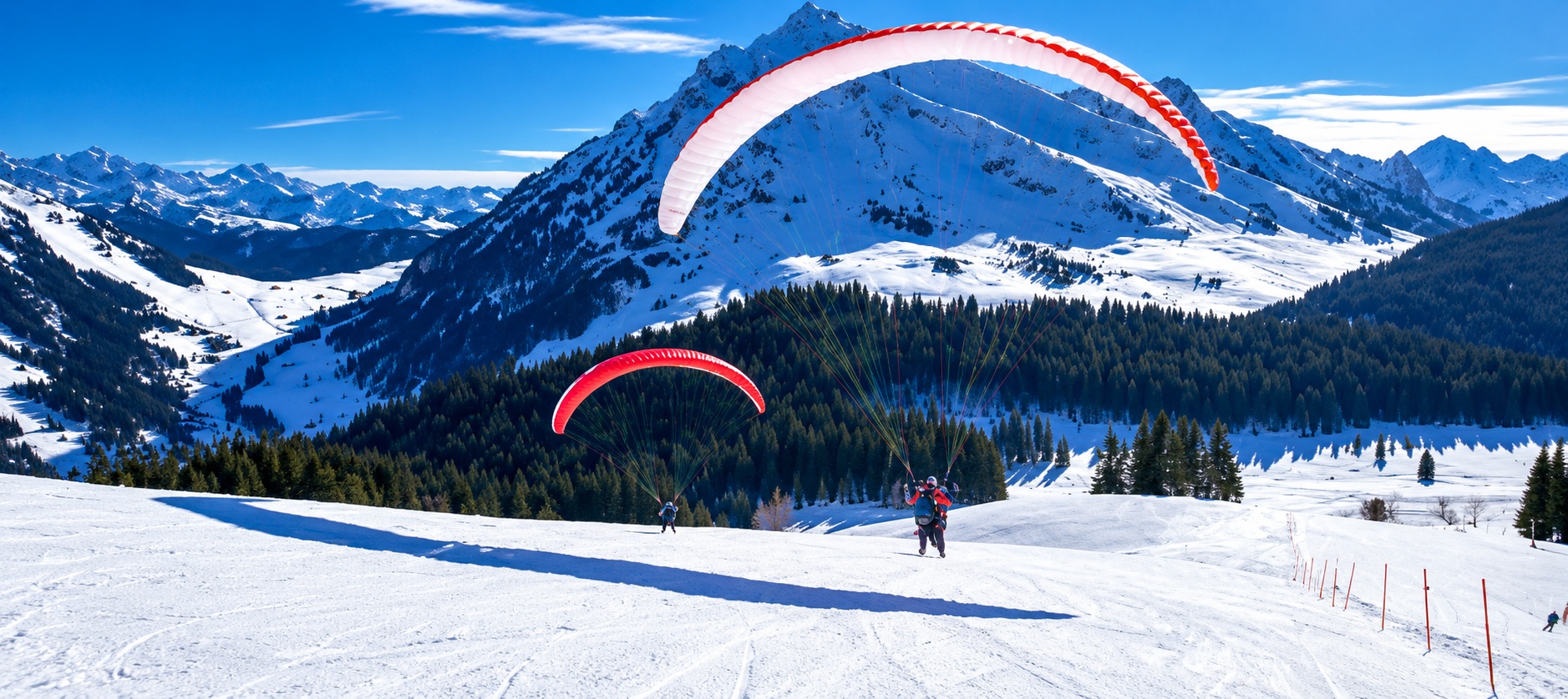 Baptême de parapente biplace à ski depuis le sommet de L'Aiglon, La Clusaz